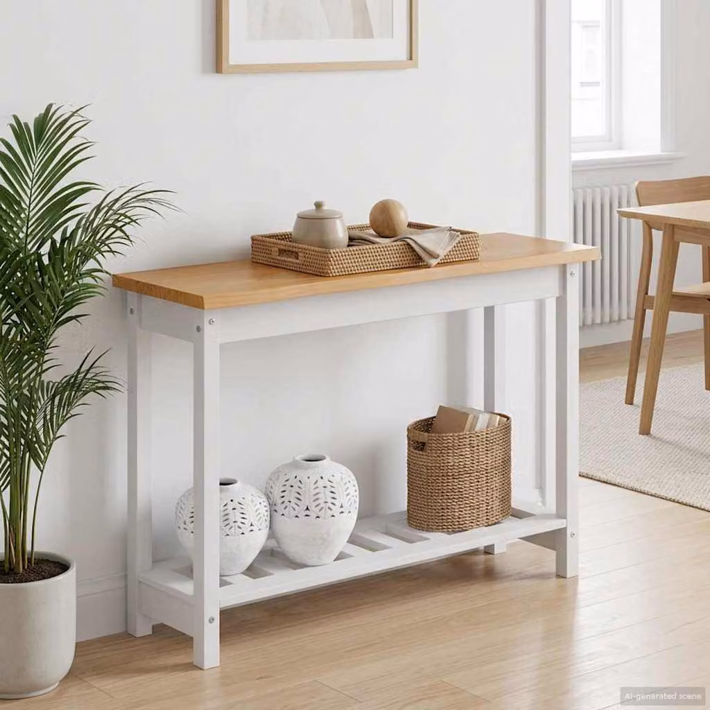 vidaXL Tavolo consolle EKAI in legno di pino bianco con scaffale, stile industriale, L: 112 cm, P: 35 cm, H: 76 cm