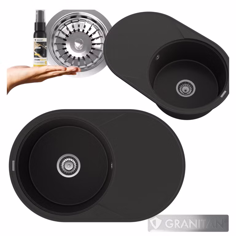 Granitan - Lavello in granito - Lavello da cucina - Nero metallizzato - con sifone - rotondo - Lavello - SAVIO