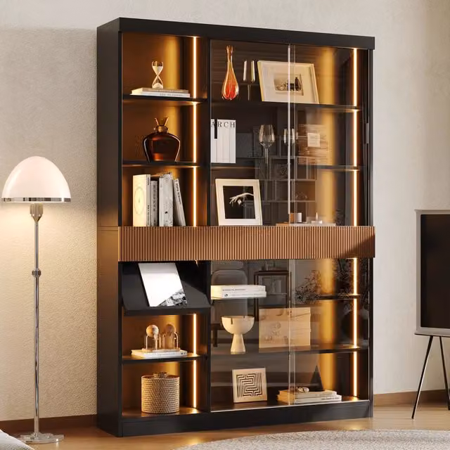 Vetrina 120x28.5x180 cm con illuminazione LED in MDF e vetro nero e marrone