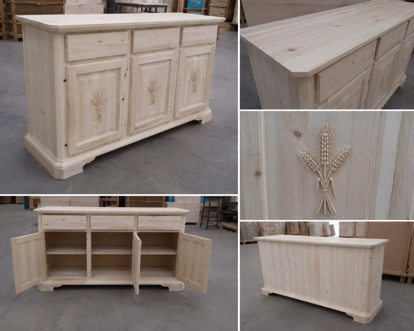 Madia credenza Mobili 2G in legno grezzo con intarsio astratto a 3 ante L: 163 cm, P: 49 cm, H: 98 cm – 1