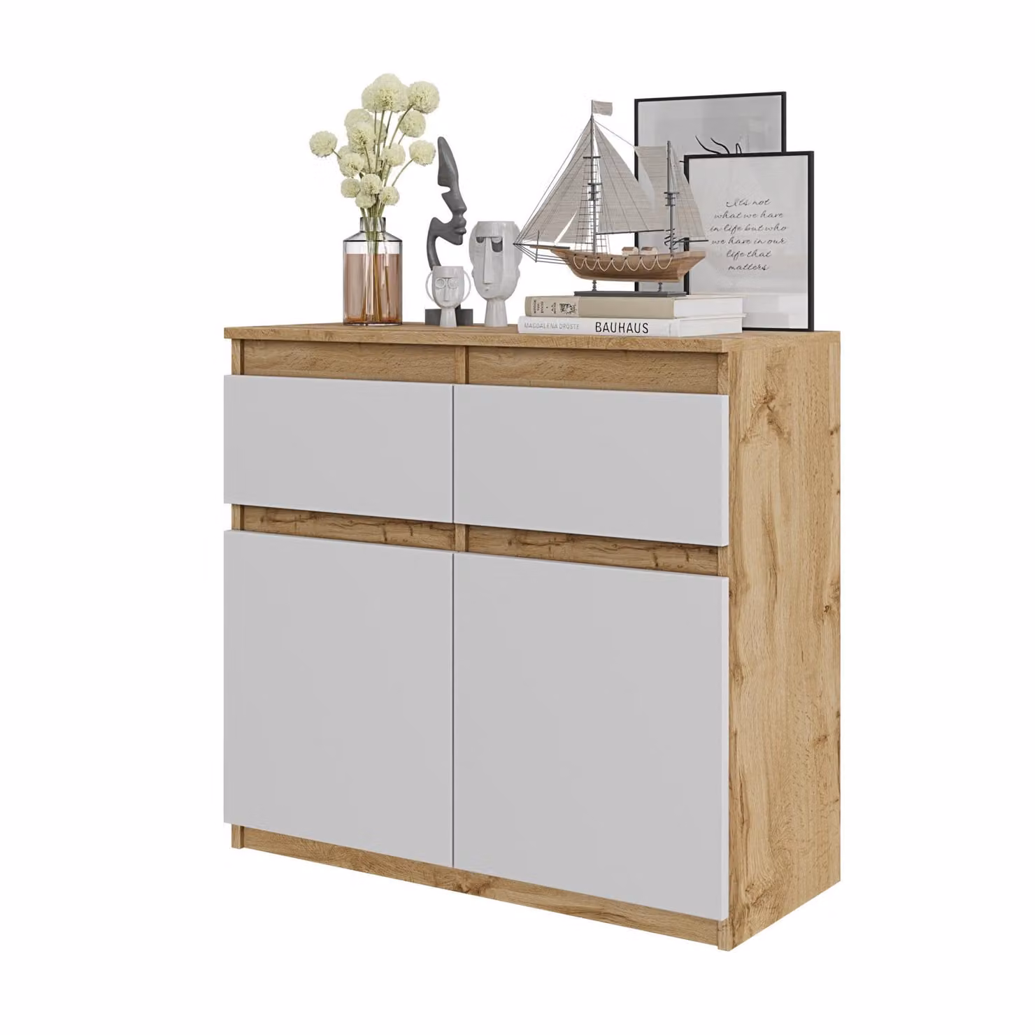 Comodà 80 cm in rovere Wotan / bianco opaco, 2 cassetti, 2 ante, 2 ripiani, soggiorno