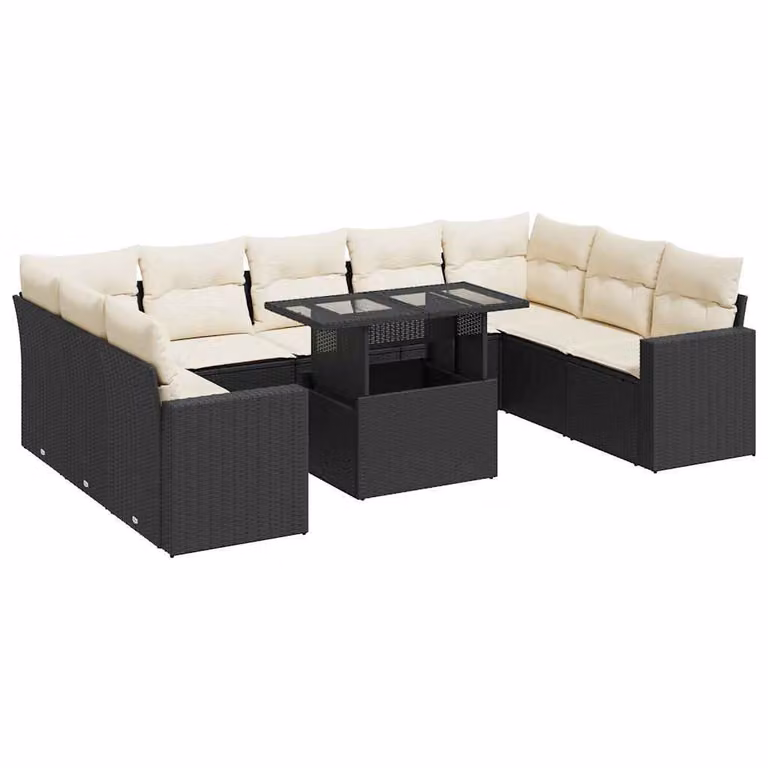 Set Divani da Giardino 10pz con Cuscini in Polyrattan Nero