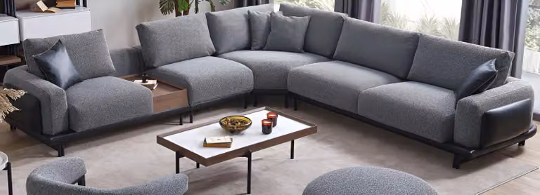 Divano angolare moderno a forma di L e tavolino da caffè dal design elegante, set grigio