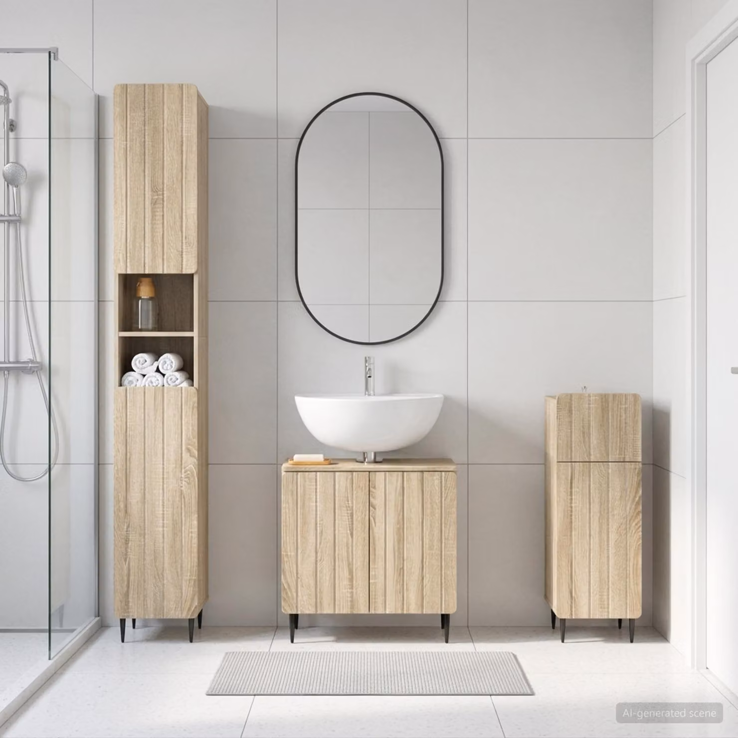 Set di armadietti da bagno 3 pezzi vidaXL ZWOLLE in Rovere Sonoma, colore marrone, con mobile sottolavabo, colonna alta e mobile laterale, L/P/H: 120 x 48,55 x 190 cm