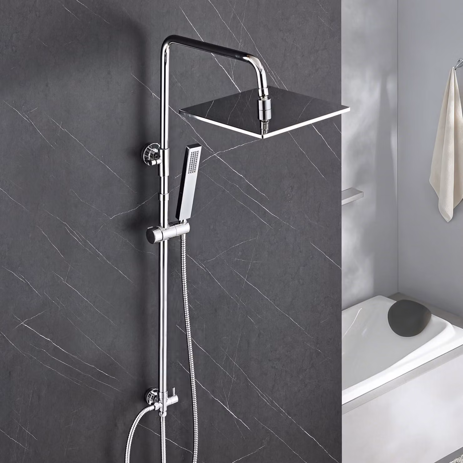 Colonna doccia in acciaio inossidabile, regolabile in altezza da 74 a 114 cm, soffione da 25x25 cm