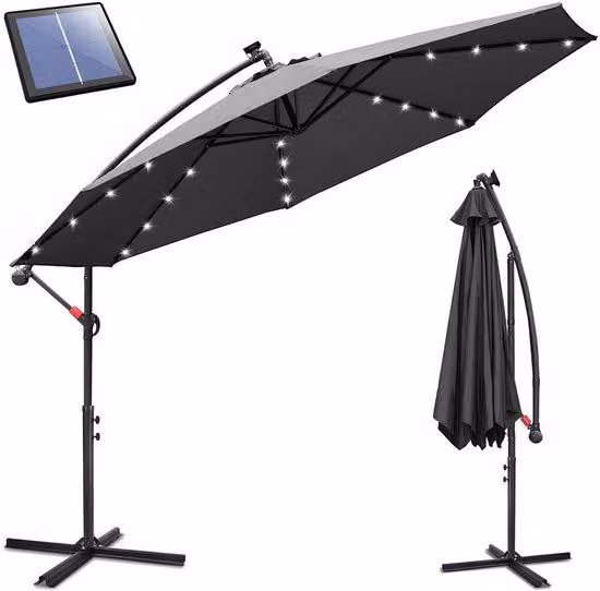 Grande ombrellone solare a LED per terrazza o balcone - Diametro 350 cm - Protezione UV50+ UPF 50+ - Tessuto in poliestere impermeabile - Telo traspirante - Struttura in metallo robusta - Include base a croce - Colore: grigio