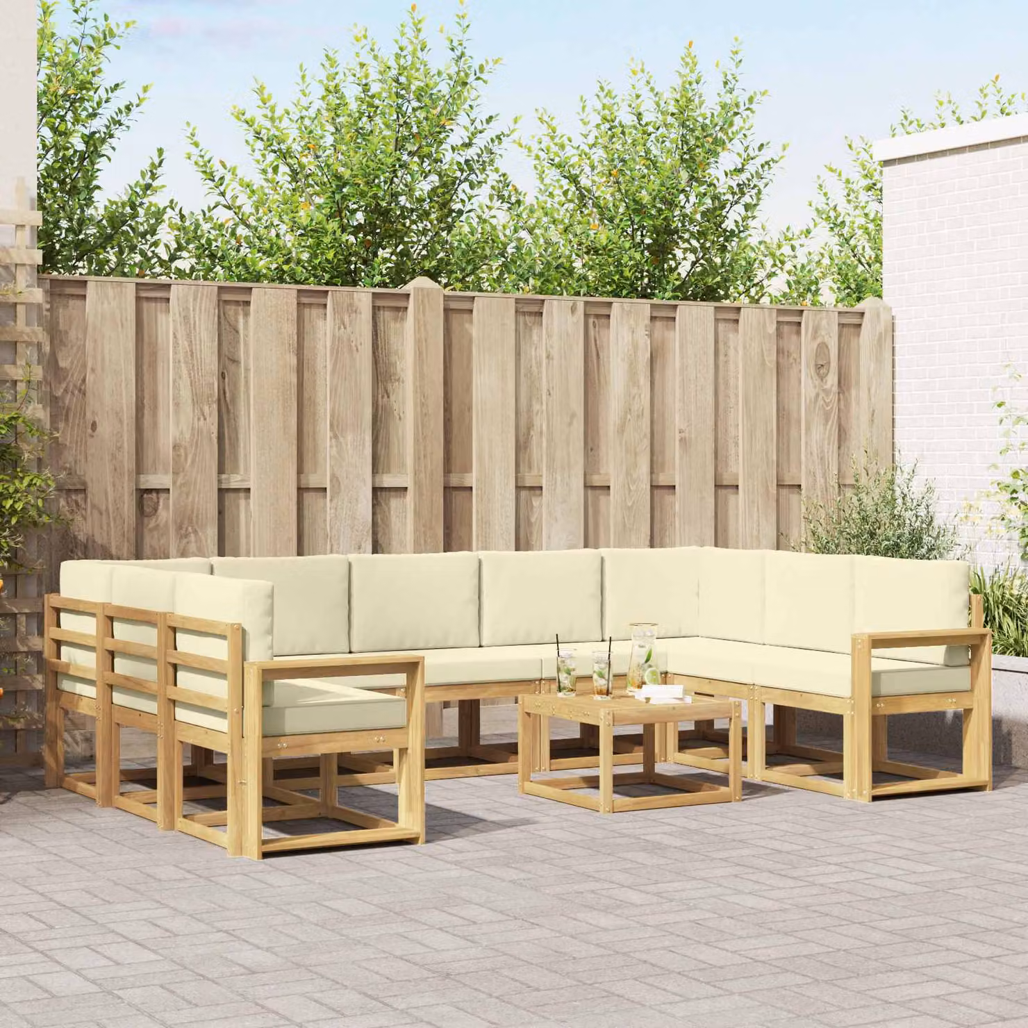 Set di divani da esterno vidaXL a forma di L composto da 10 pezzi in legno di acacia con cuscini in poliestere bianco e beige