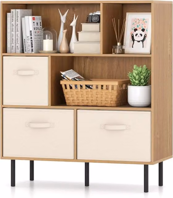 Libreria organizzatore autoportante con 6 cubi e 3 cassetti in tessuto, design mid-century in legno naturale e metallo, colore marrone