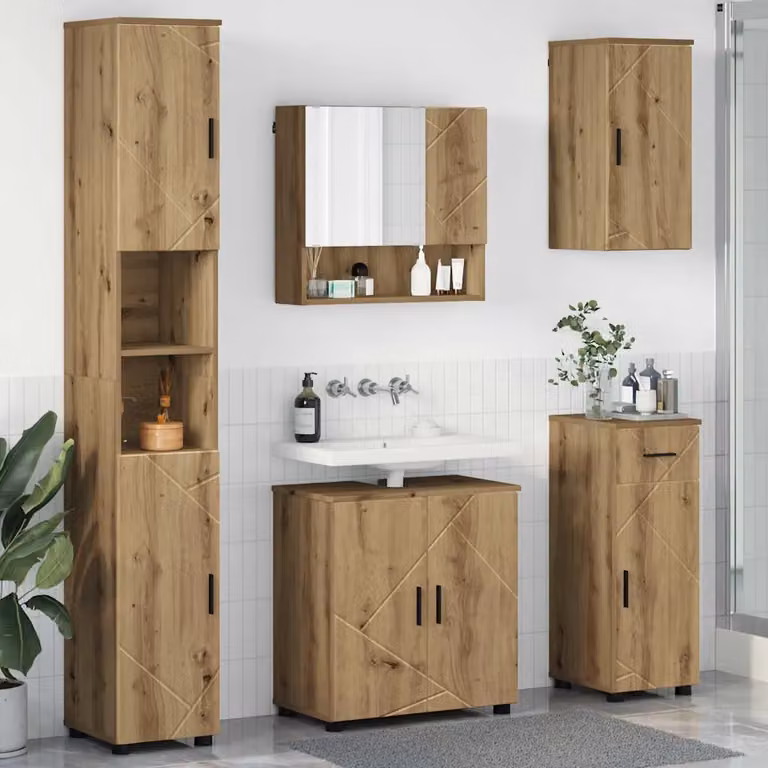 Set di mobili per il bagno moderno vidaXL in 5 pezzi color marrone con finitura opaca, composto da mobile lavabo, pensile con specchio, colonna alta e mobili laterali