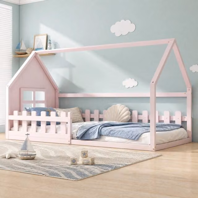 Letto a casetta per bambini REDOM in pino e MDF rosa L/P: 200 x 90 cm