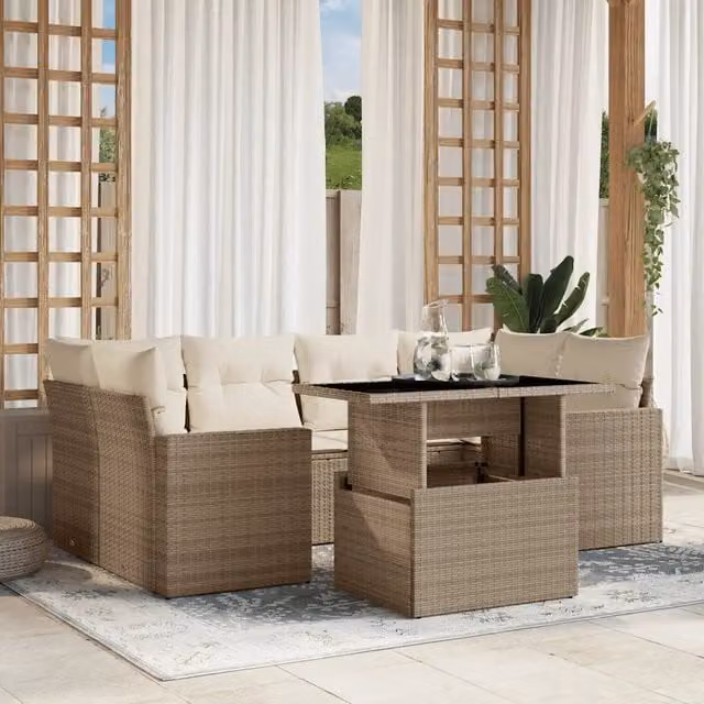 Set Divani da Giardino 7 pz con Cuscini Beige in Polyrattan 3267128
