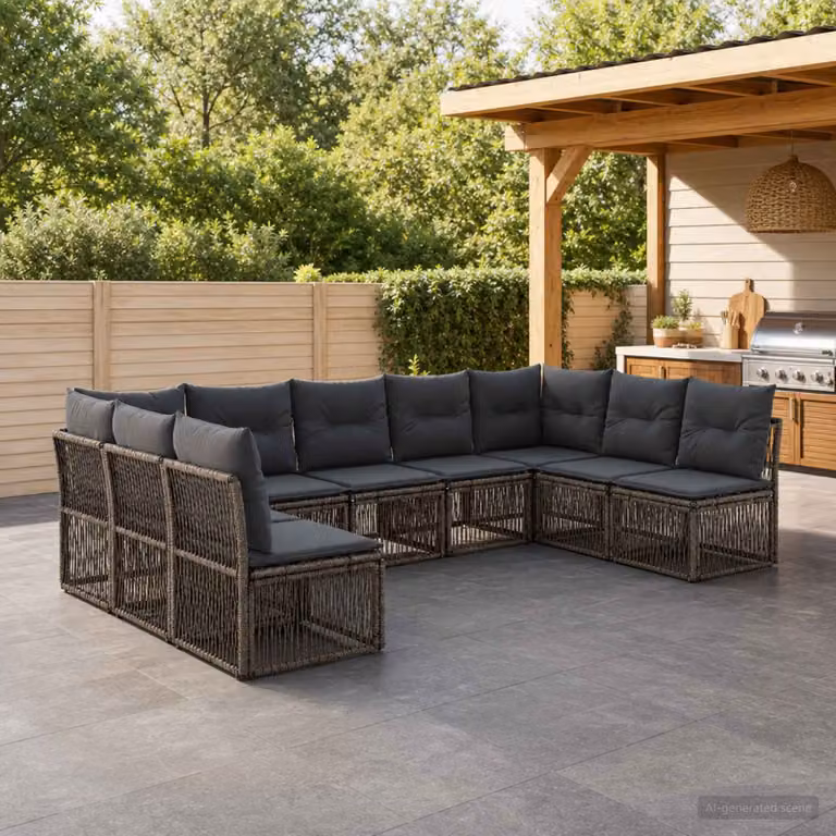 Set Divano da Giardino vidaXL 9 pz a Forma a L Grigio con Cuscini e Struttura in Metallo e Polyrattan
