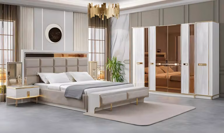 Set per camera da letto moderno, color beige con dettagli dorati