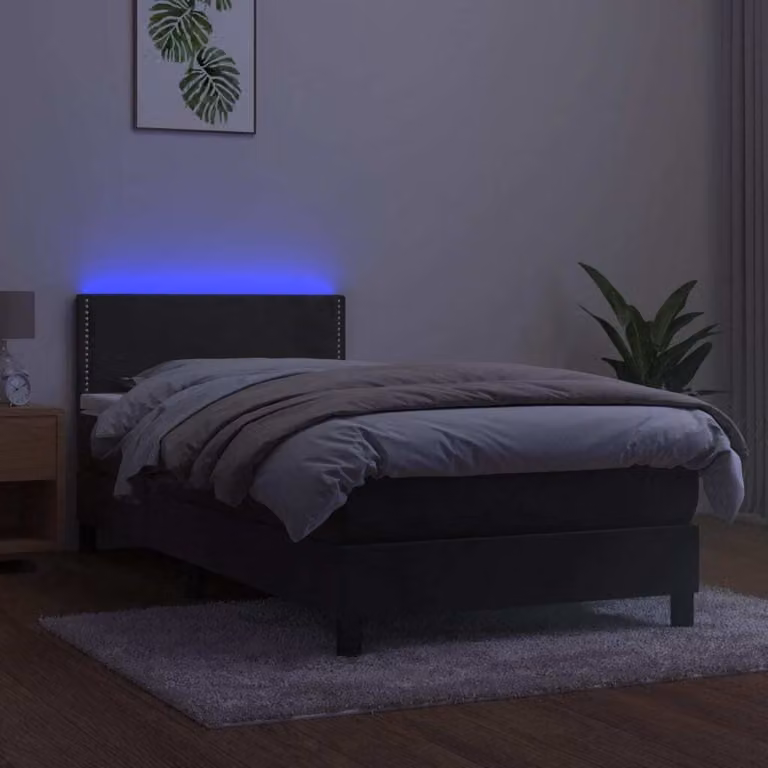 The Living Store Letto a molle con materasso e LED in velluto grigio scuro 100x200 cm