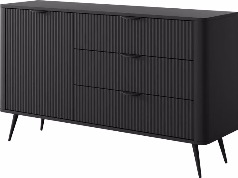 Comodino: 3 cassetti, 1 anta, colore nero, dimensioni: 138 cm (larghezza), 81 cm (altezza), 38 cm (profondità)
