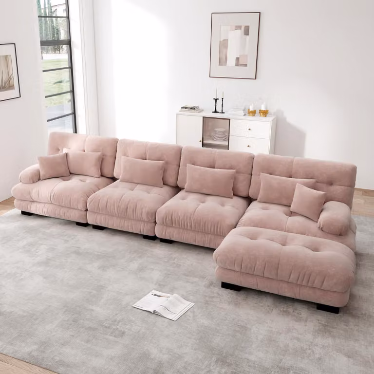Divano angolare modulare a 4 posti, modello "Cloud", poggiapiedi mobile, combinazione personalizzabile, tessuto in chenille (rosa)