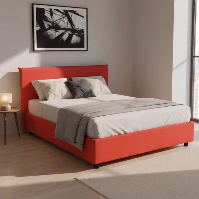 Letto matrimoniale contenitore Alvacus di Talamo Italia con rivestimento in tessuto rosso, adatto per materasso 140x200 cm – 1