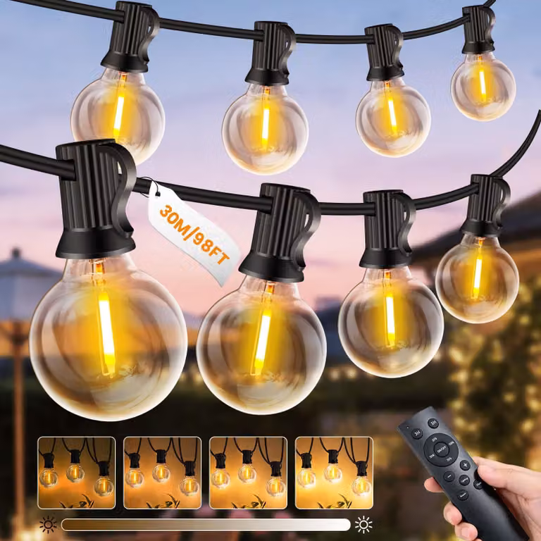 Catena luminosa a LED, 30 m, 53 lampadine G40 a luce calda, grado di protezione IP44