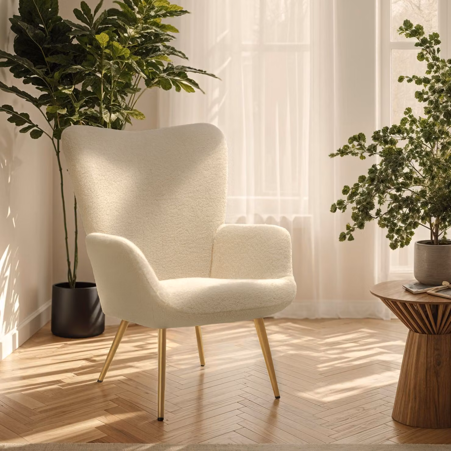 Poltrona scandinava tectake in bouclé beige e oro con braccioli e struttura in metallo per il tuo soggiorno, L: 100,5 cm, P: 72,0 cm, H: 76,0 cm – 3
