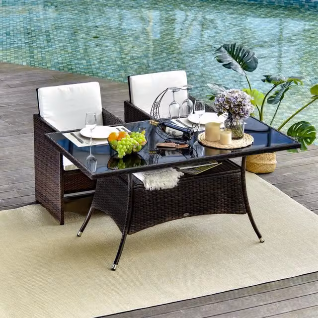 Tavolo da pranzo per esterni in polyrattan con piano in vetro di sicurezza, per giardino, marrone, 150 × 85 × 74 cm