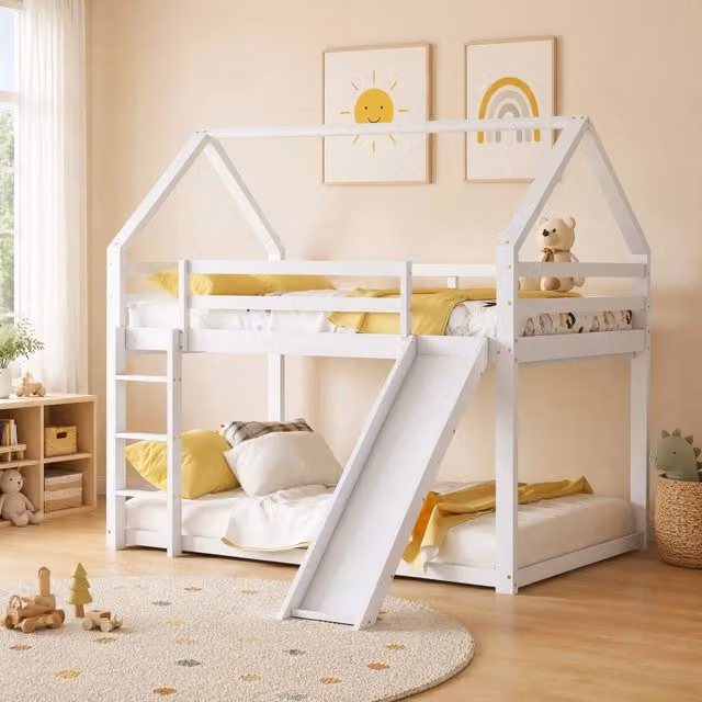 Letto a castello per bambini con scivolo e scala, struttura in legno di pino bianco, 140x200 cm