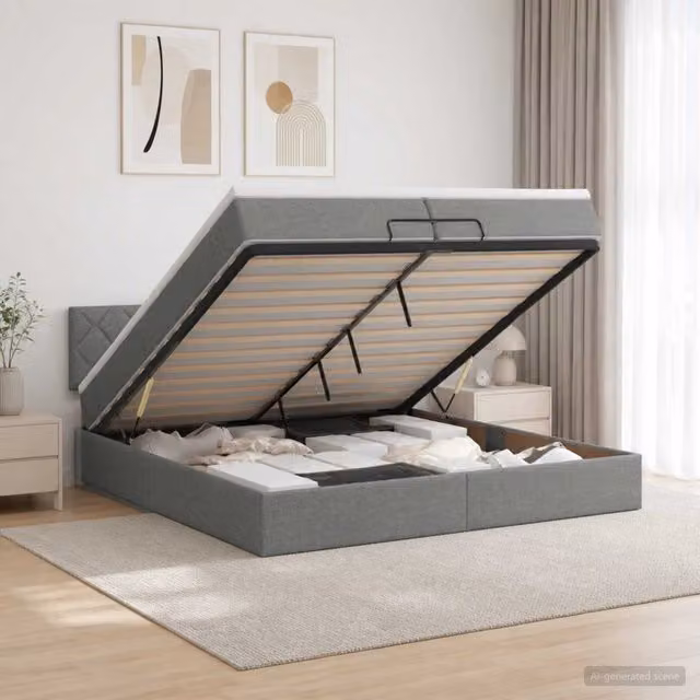 Letto ottomano con contenitore a sollevamento vidaXL in tessuto grigio con materasso L: 200 cm, P: 200 cm, H: 203 cm – 1
