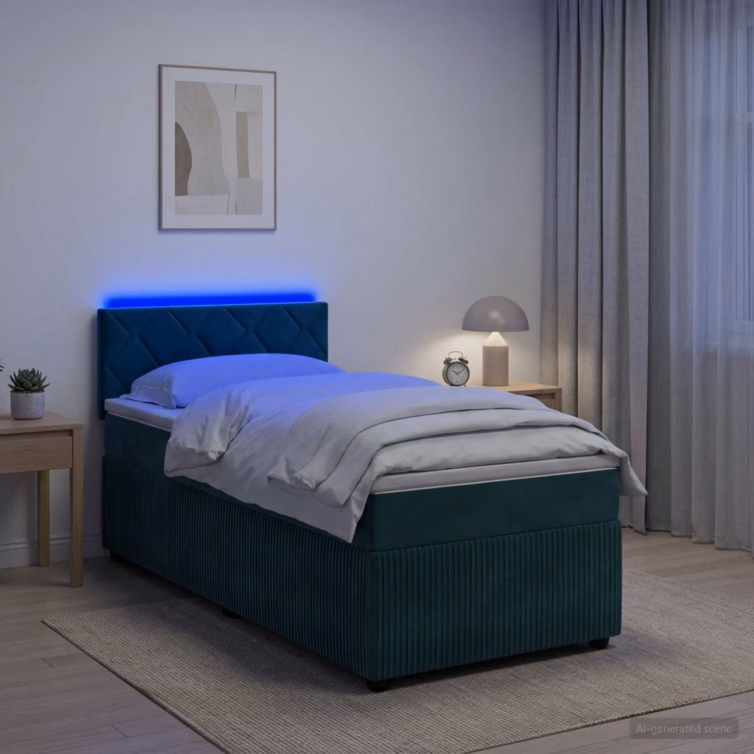 Letto box spring vidaXL con materasso ibrido in velluto verde scuro, dotato di illuminazione sottostante e porta USB, L/P: 90 x 200 cm