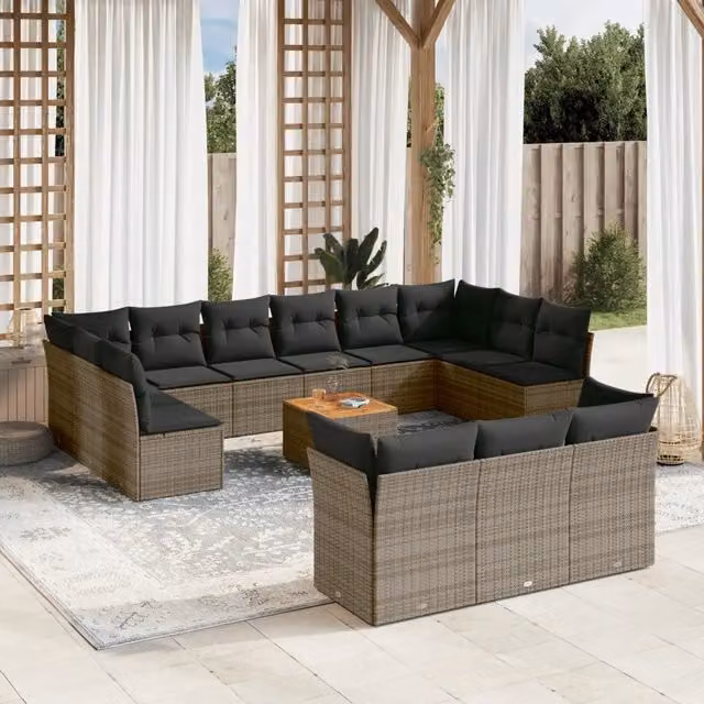 Set di divani da giardino a forma di U VIDAXL in polyrattan grigio con 14 pezzi e cuscini inclusi – 1