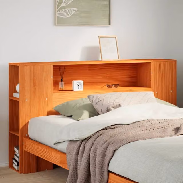 Testiera per letto con ripiani integrati vidaXL in legno massello di pino color marrone cera, L: 146 cm, H: 82 cm, P: 24 cm