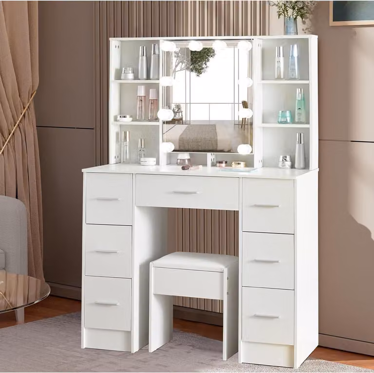 Tavolino da toilette Puselo con illuminazione e specchio 100x40x140cm