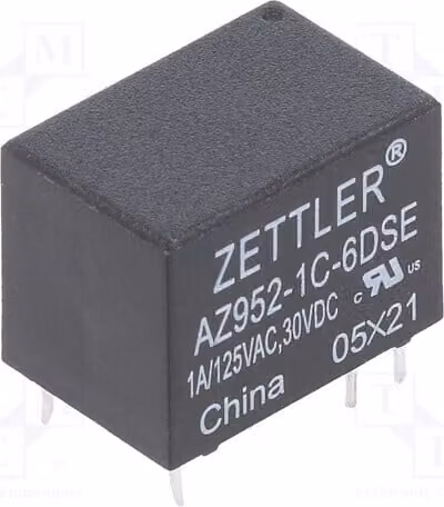 2 relè: elettromagnetici, 1A/125VAC. Bobina: 6VDC, 180Ω. Modello: AZ952-1C-6DSE
