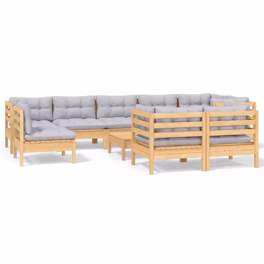 Set Divani da Giardino 10 pz con Cuscini Grigi Massello di Pino