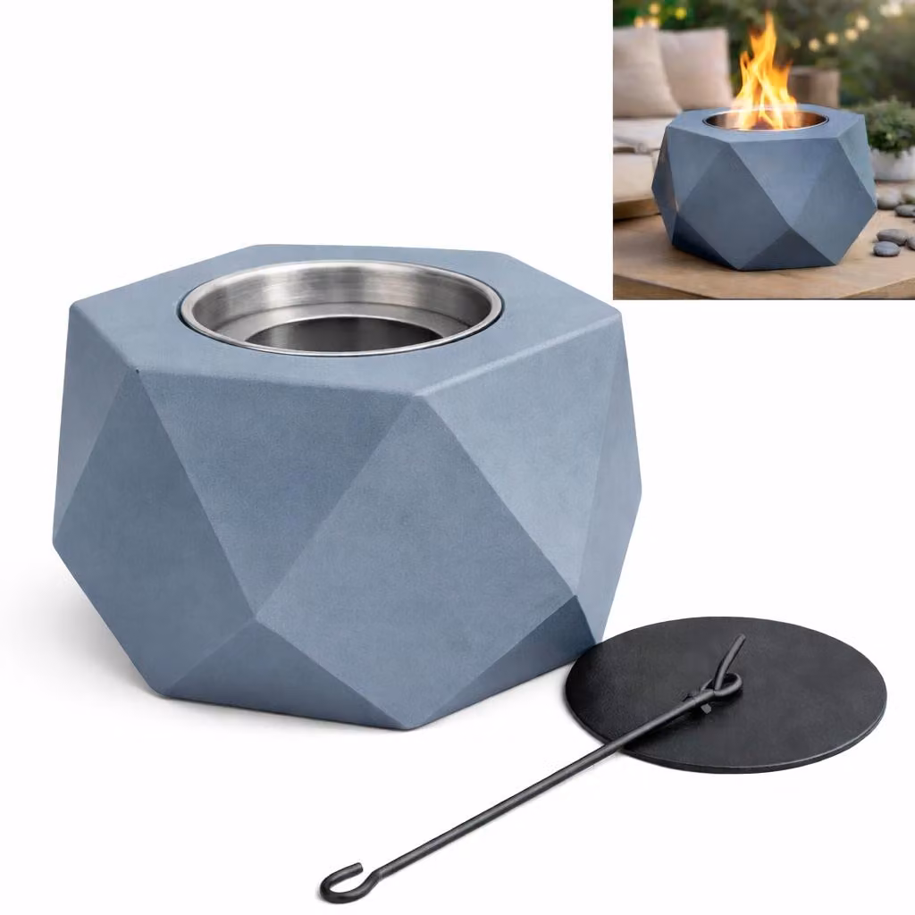 Camino da tavolo a bioetanolo Colibri – Effetto cemento – 16,5 × 16,5 × 10 cm – Fiamma suggestiva per tavolo, terrazza o balcone