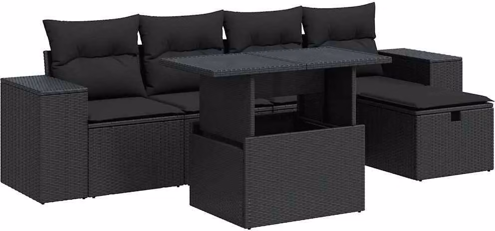 Set Divano da Giardino 6 pz con Cuscini Nero in Polyrattan