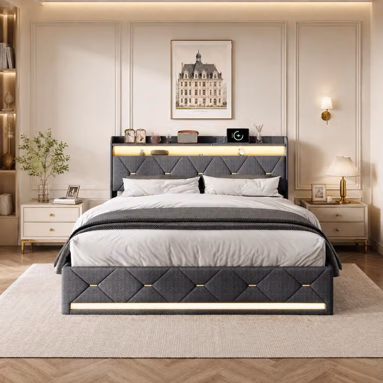 Letto imbottito INONEFT, 140x200 cm, con sistema di sollevamento idraulico, illuminazione LED e prese USB, letto per ragazzi con spazio contenitivo nella testiera, tessuto in lino, colore grigio