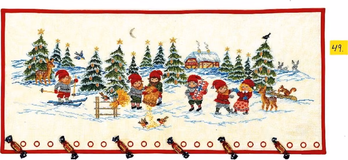 Eva Rosenstand, appendiabiti da parete a punto croce "Calendario dell'Avvento, gnomi nella neve", schema per il conteggio, 40x95cm