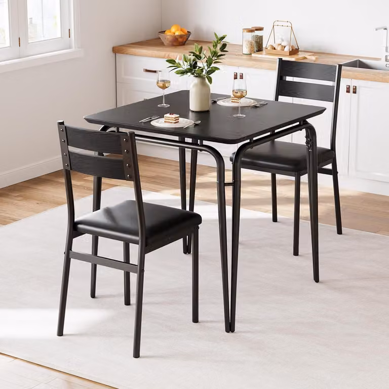 Set da pranzo componibile per 2 persone, composto da 3 elementi, forma quadrata, salvaspazio, colore nero