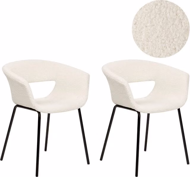 Set di 2 sedie Beliani in tessuto bouclé bianco sporco senza braccioli con gambe in metallo nero per cucina e sala da pranzo
