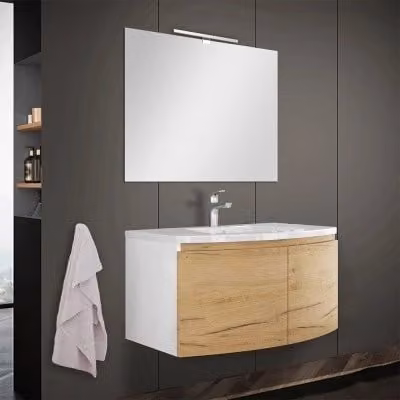 Mobile bagno sospeso d'angolo INBAGNO moderno con ante a battente soft close, colore bianco oro e marrone