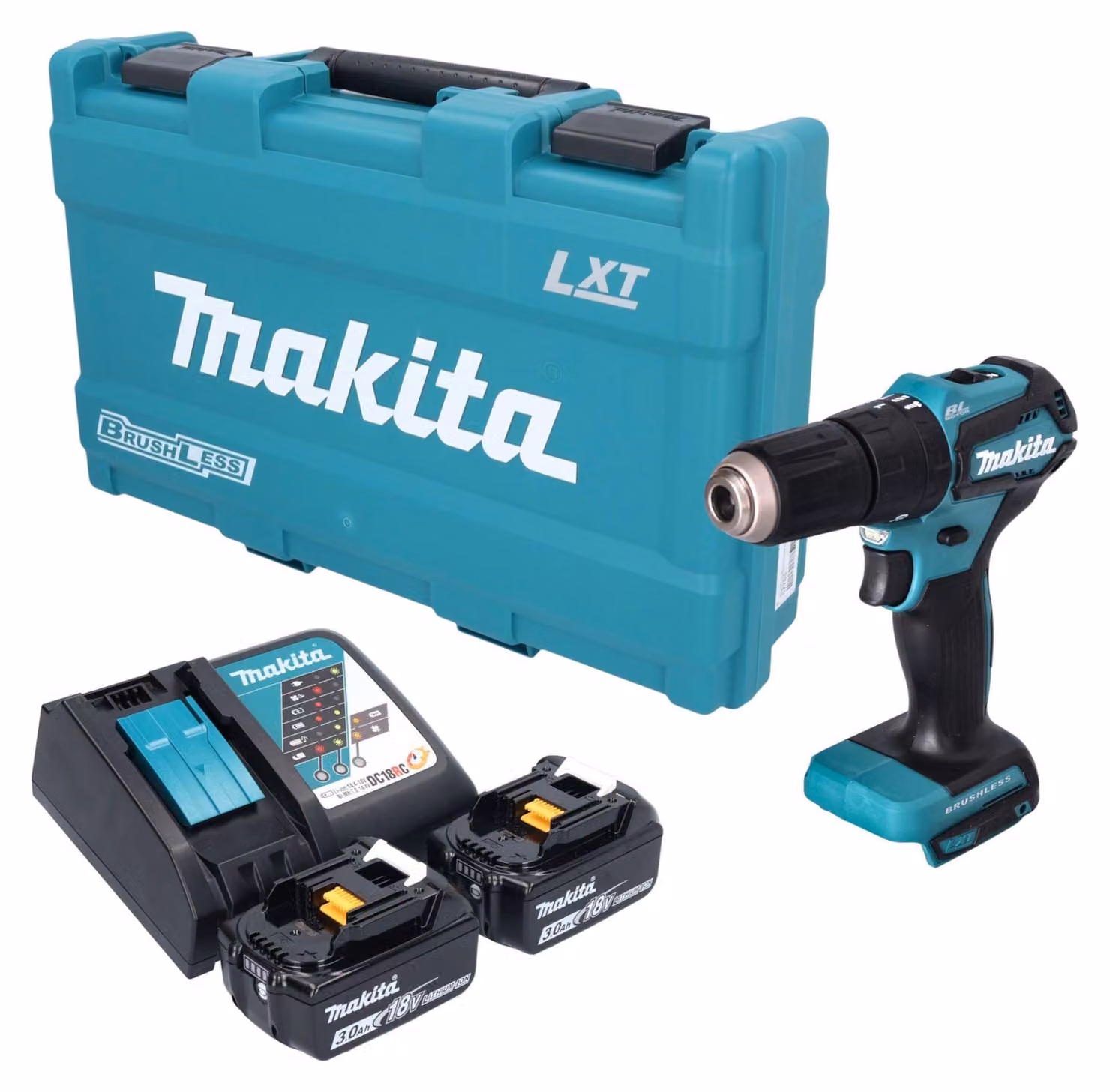 Trapano avvitatore a percussione a batteria Makita DHP 483 RFK 18 V 40 Nm brushless + 2 batterie da 3,0 Ah + caricabatterie + valigetta