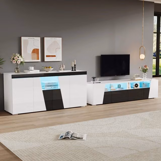 Mobile porta tv 180 cm e credenza soggiorno moderna; mobile tv bianco e nero