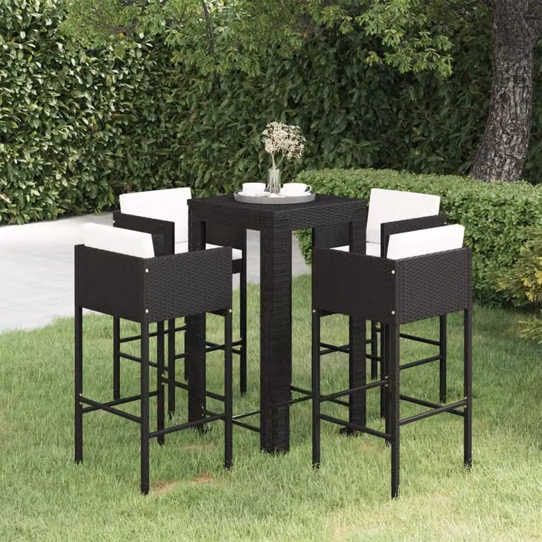 The Living Store Set bar da giardino 5 pezzi con cuscini in poly rattan nero