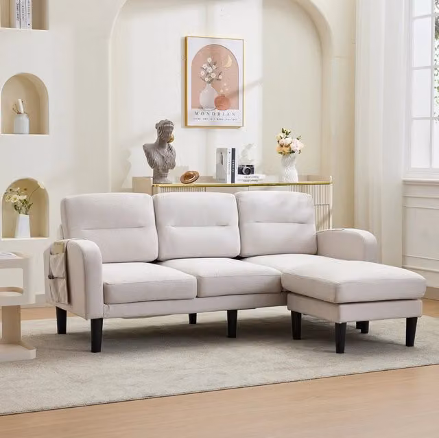 Divano angolare a L 3 posti con chaise longue; 204x136x80 cm; beige; in tessuto