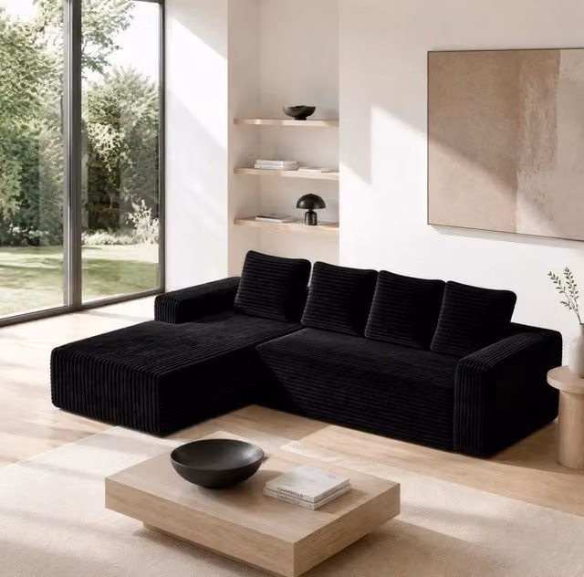 Divano modulare angolare con chaise reversibile; senza montaggio; in velluto a coste nero