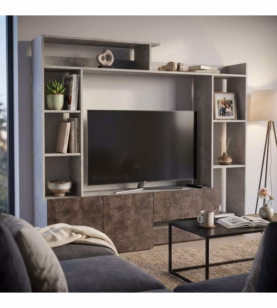 Parete attrezzata Cosma per soggiorno moderna in legno grigio con mensole aperte e ante, L: 180 cm, P: 42 cm, H: 165 cm – 1