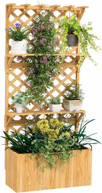 Letto a Soppalco Giardino Minimal in Legno Naturale Marrone con Tettoia e Trellis