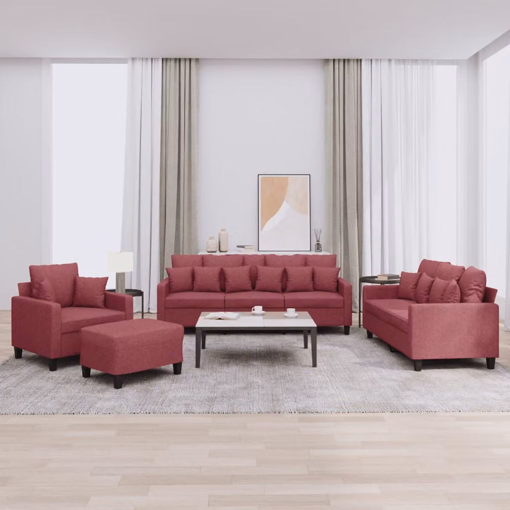 vidaXL Set di Divani Moderno 4 Pezzi in Tessuto Rosso con Cuscini e Pouf – 1