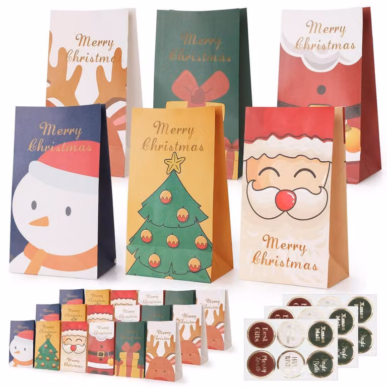 Sacchetti regalo natalizi, 18 pezzi, carta kraft, dimensioni 27x15x9,7 cm, con 18 adesivi per caramelle e biscotti