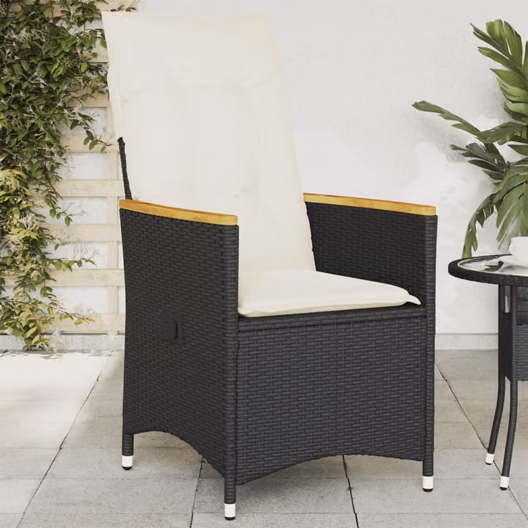 Sedia da giardino moderna vidaXL in legno di acacia oliato e rattan nero con cuscini