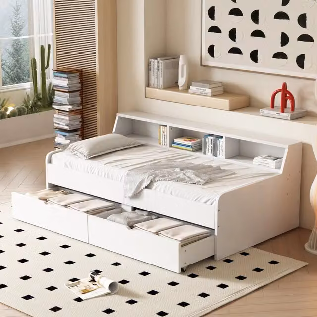 Letto da giorno 90x200 cm con 2 cassetti e vani contenitore; pino e MDF; bianco